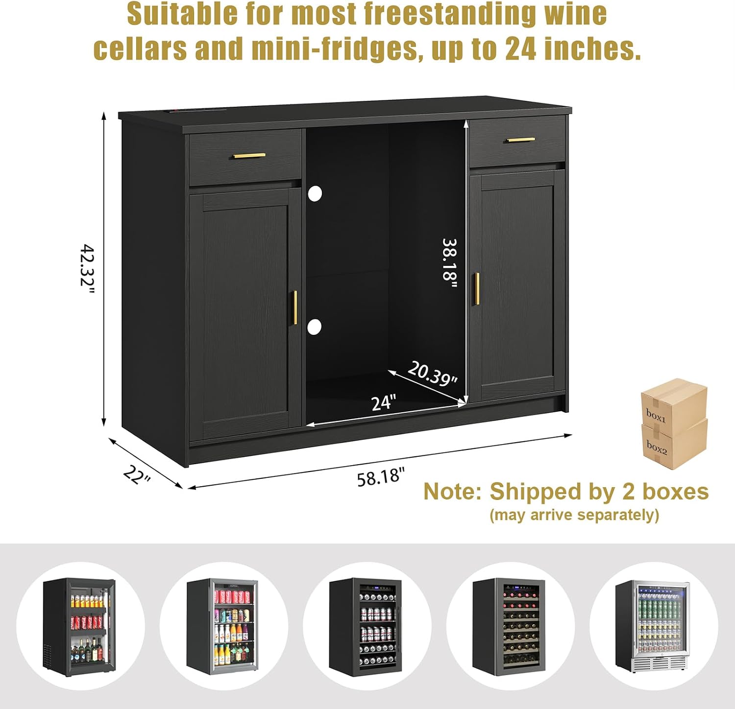 Herture Mini Fridge Cabinet,Coffee Bar Cabinet with Fridge Space & Wine Storage with Outlets,Fits 24' Fridge,Mini Fridge Stand,Buffet Sideboard Table Wine Cabinet for Kitchen Dining Room Black KH04MRB