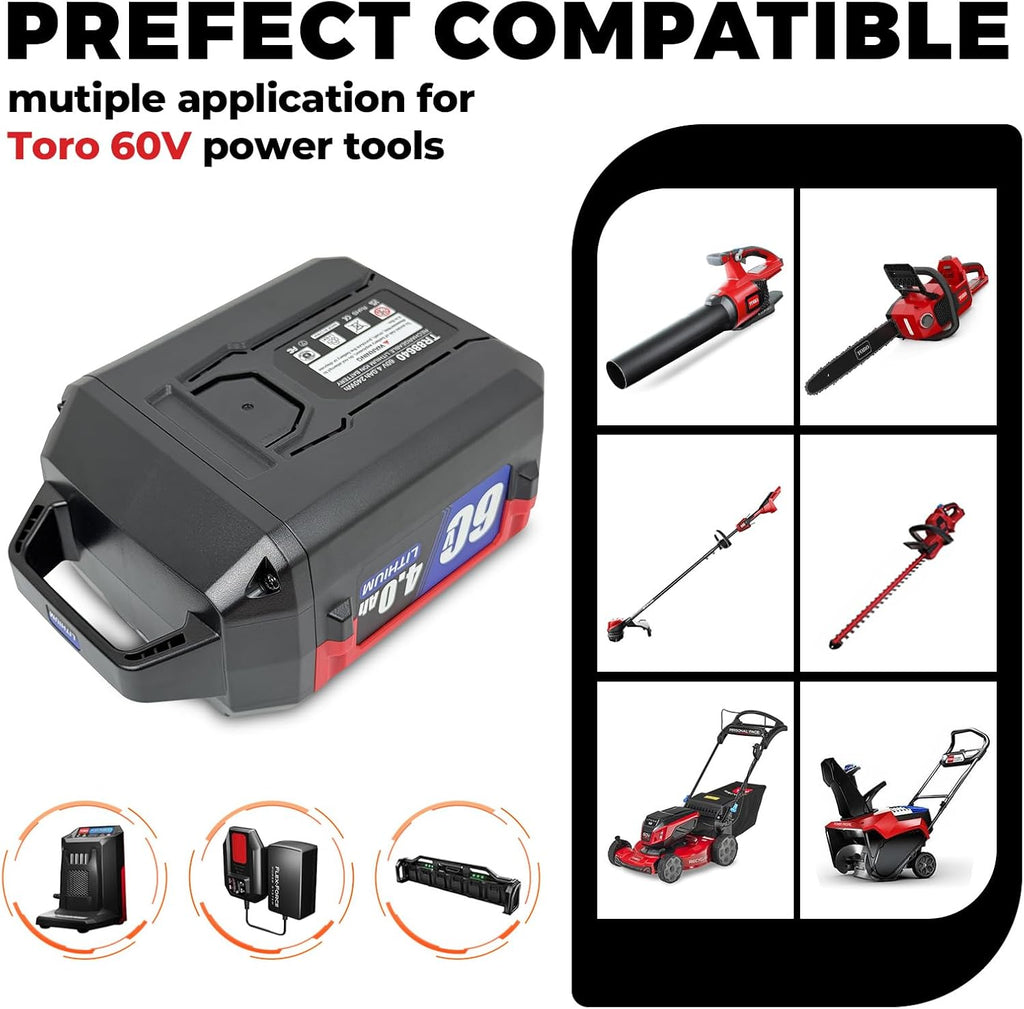 4.0Ah Replacement for Toro 60V Battery L108 L135 L216 L405 88620 88625 88660 88675 Chainsaw Cordless Lawn Mower Hair Dryer Power Tool, Compatible with Toro Flex Force 60 Volt Max Series (60V 4000mAh)