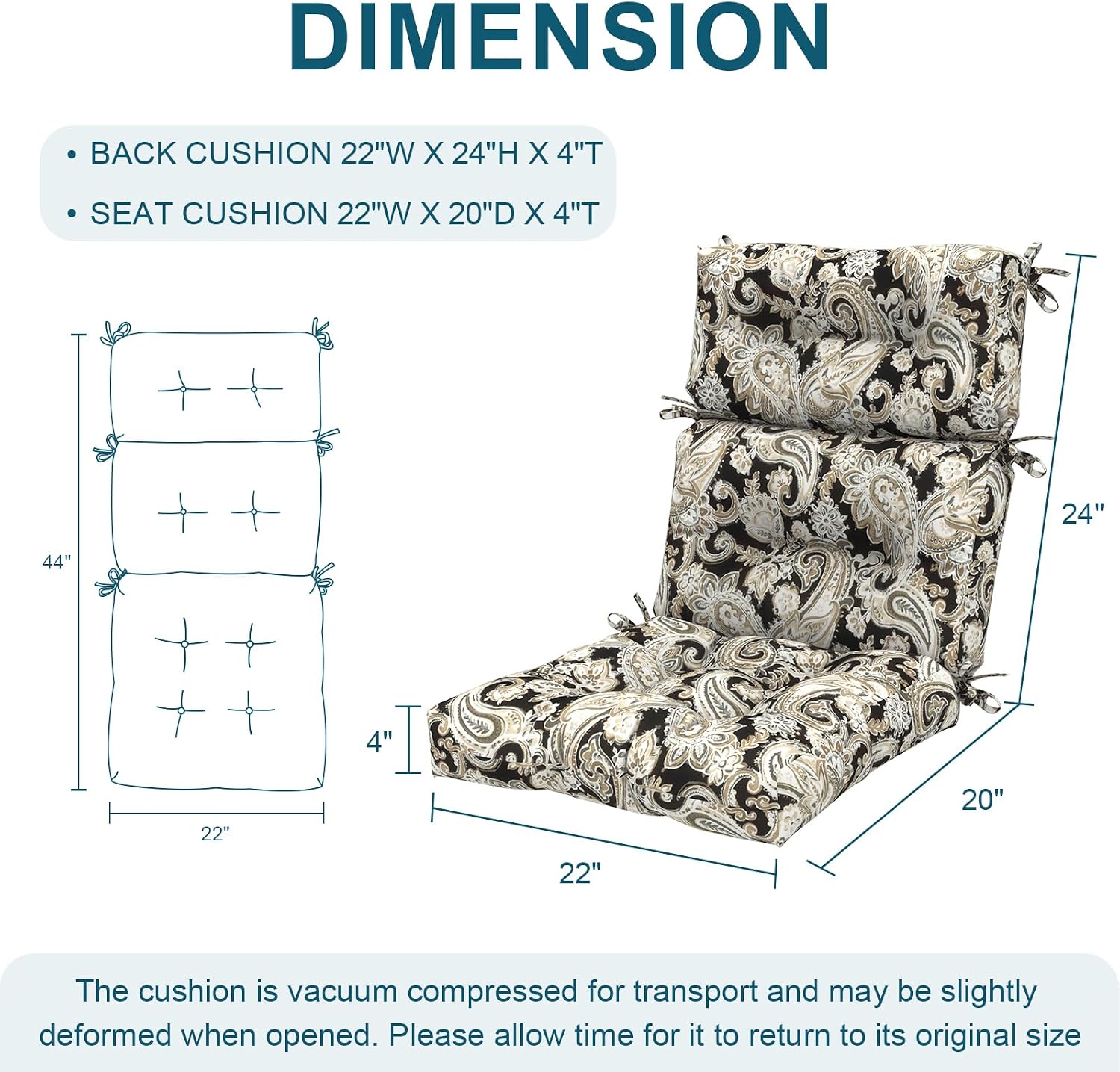 DYTXIII Outdoor High Back Chair Cushions Set of 2, Water Repellent Tufted Rocking Seat Cushions Replacement 44 x 22 Inch, Seat & Back Chair Pads for Patio, Balcony and Indoor Use -Paisley Black