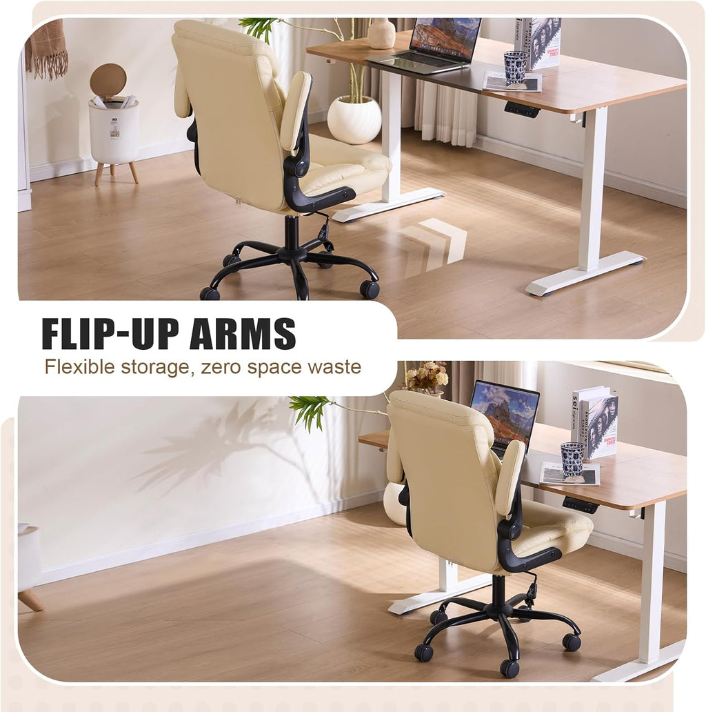 Office Chair, Ergonomic Computer Chair with Flip-up Arms Home Desk Chairs Comfy PU Leather Executive Mid Back Support Adjustable Height Tilt Lock Swivel Rolling Wheels, Cream