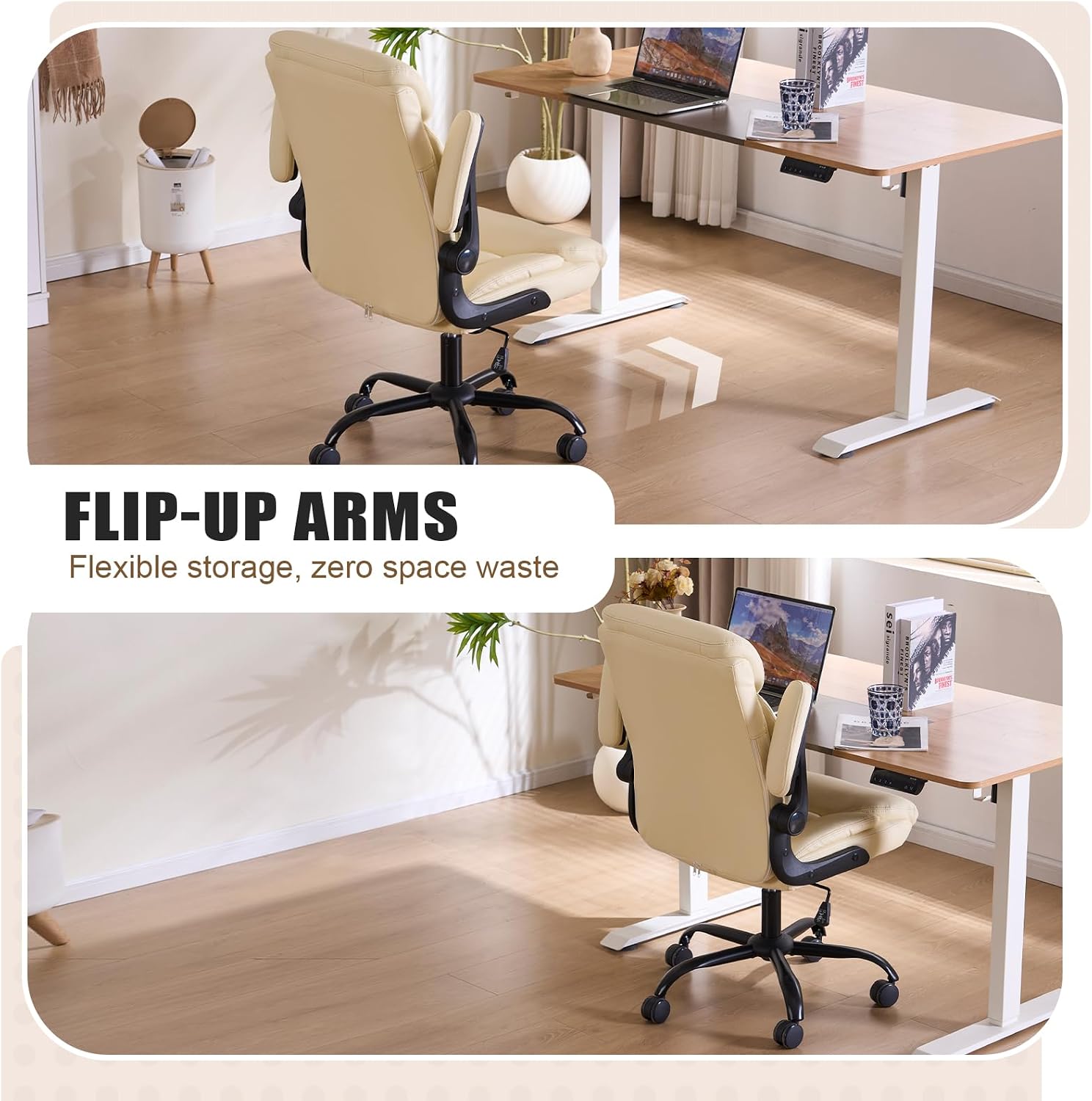 Office Chair, Ergonomic Computer Chair with Flip-up Arms Home Desk Chairs Comfy PU Leather Executive Mid Back Support Adjustable Height Tilt Lock Swivel Rolling Wheels, Cream
