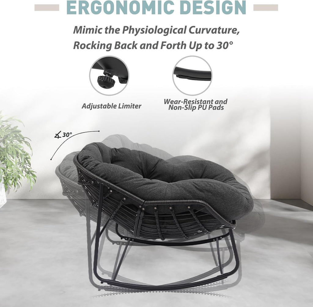 Indoor & Outdoor Rocking Chair, Oversized Rattan Royal Rocking Chair with Padded Cushion, Rocker Egg Chair for Living Room, Patio, Front Porch, Backyard,Dark Grey