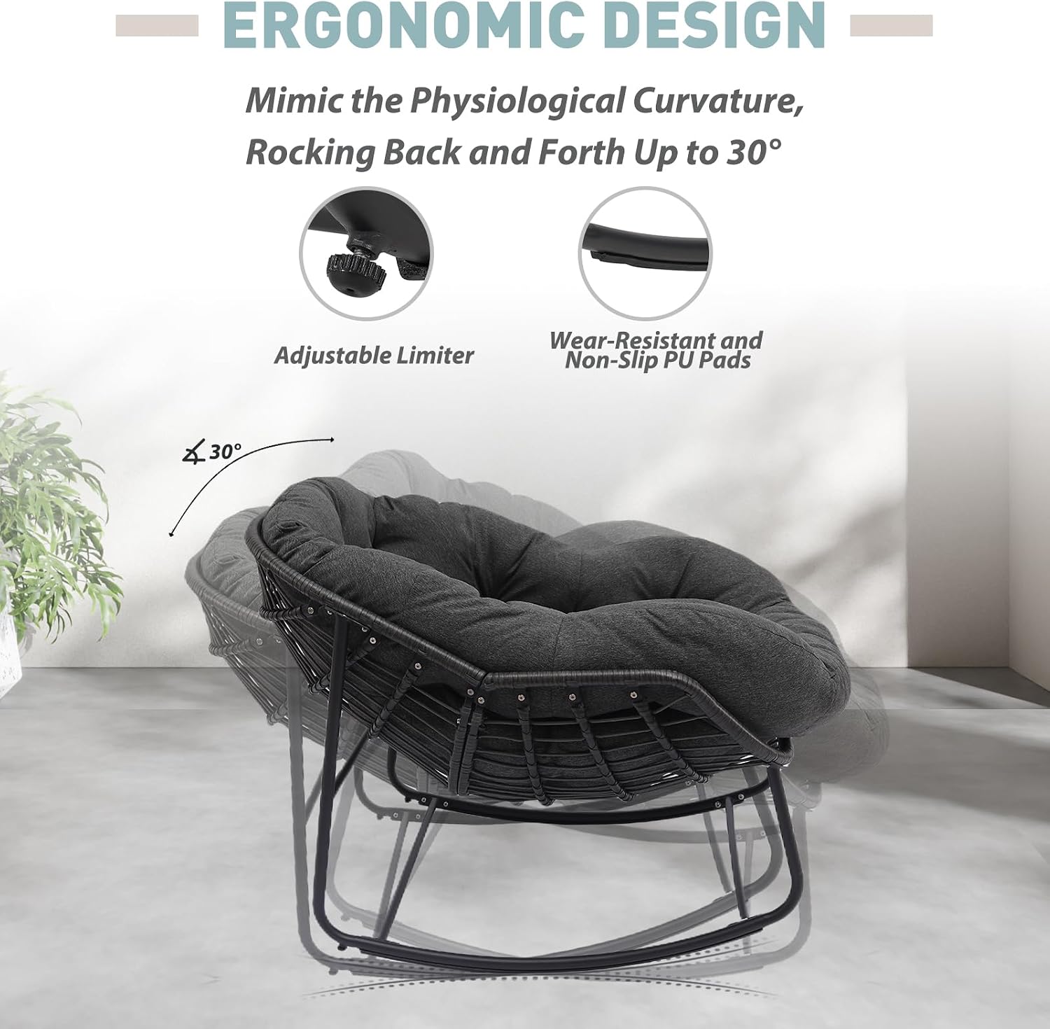 Indoor & Outdoor Rocking Chair, Oversized Rattan Royal Rocking Chair with Padded Cushion, Rocker Egg Chair for Living Room, Patio, Front Porch, Backyard,Dark Grey