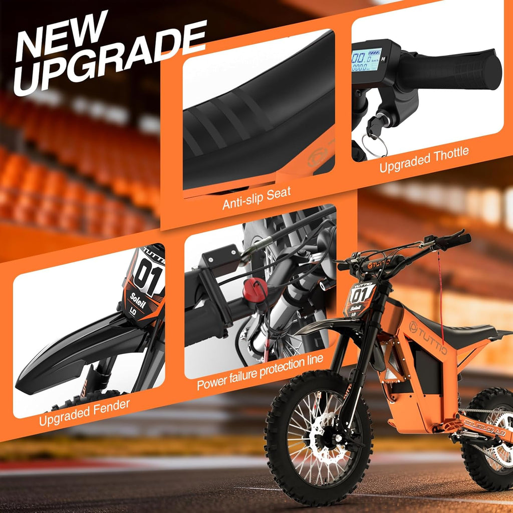 TUTTIO Soleil01-LO 3000W Mid-Drive Electric-Dirt-Bike for Teens & Adults - 37MPH, 220Nm, 48V 21Ah Removable Battery, Full Suspension Off-Road Electric Motorcycle, 14'/12' Tires for Mountain Adventure