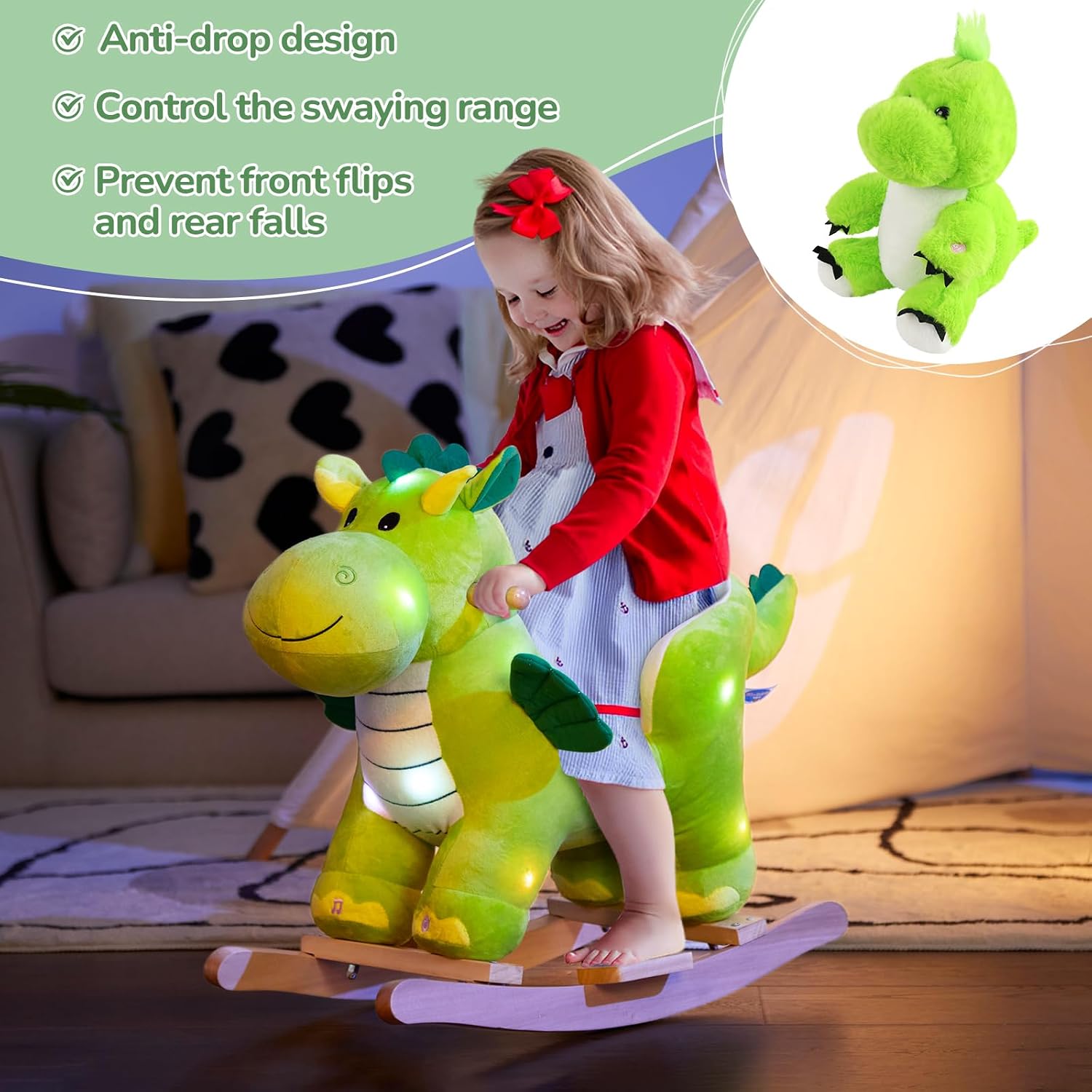 Glow Guards Light Up Musical Dinosaur Baby Rocking Horse Set of 2 with Safety Belt Dinosaur Rocker Baby Rocking Chair for Toddlers 1-3