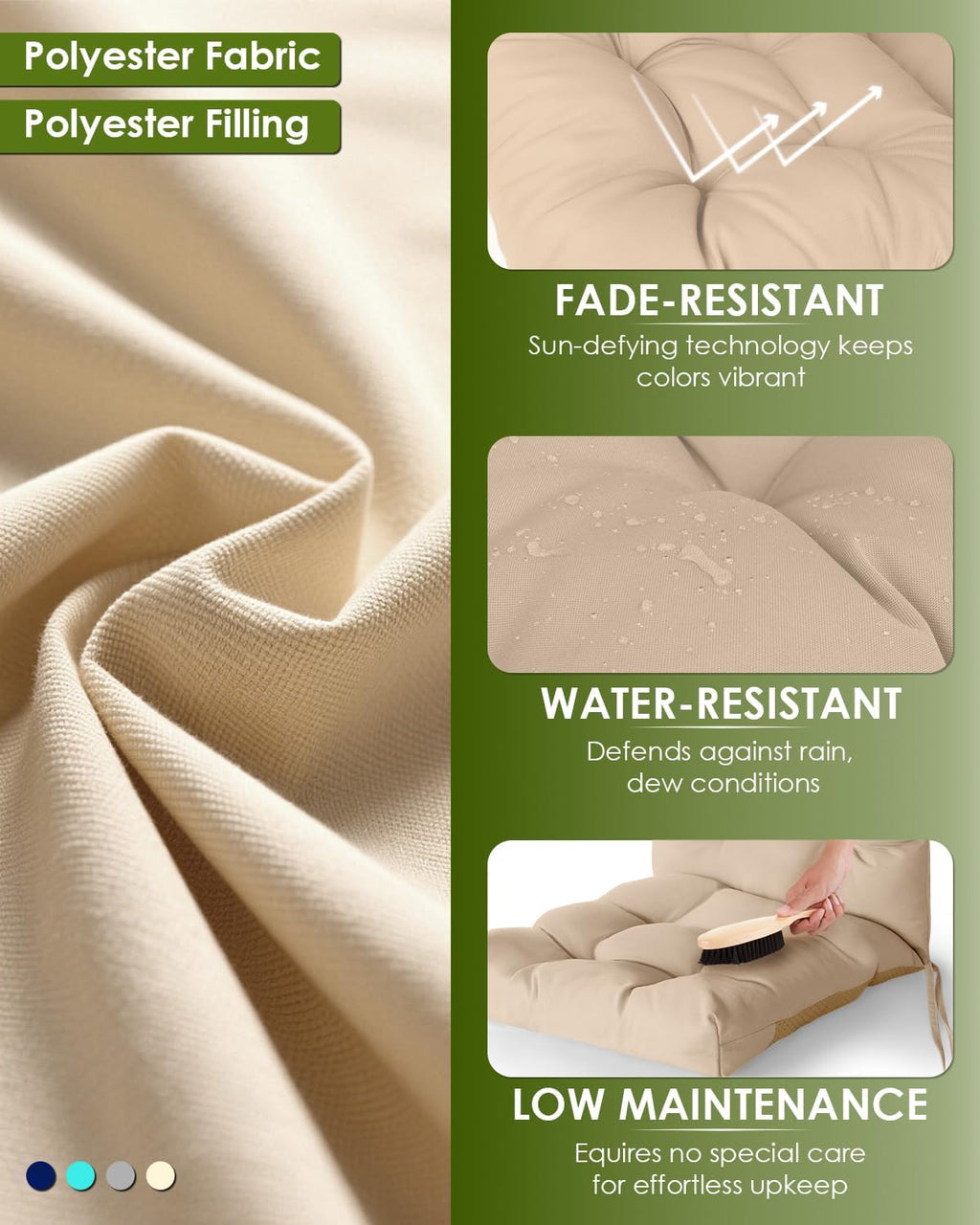 GREENVINES Rocking Chair Cushions Set of 4 | Polyester | Waterproof | Outdoor High Back Rocker Chairs Cushion | Seat with Ties | Non-Slip | Thickened Pad for Patio | 46.5' x 18.5' x 4.3' | Beige