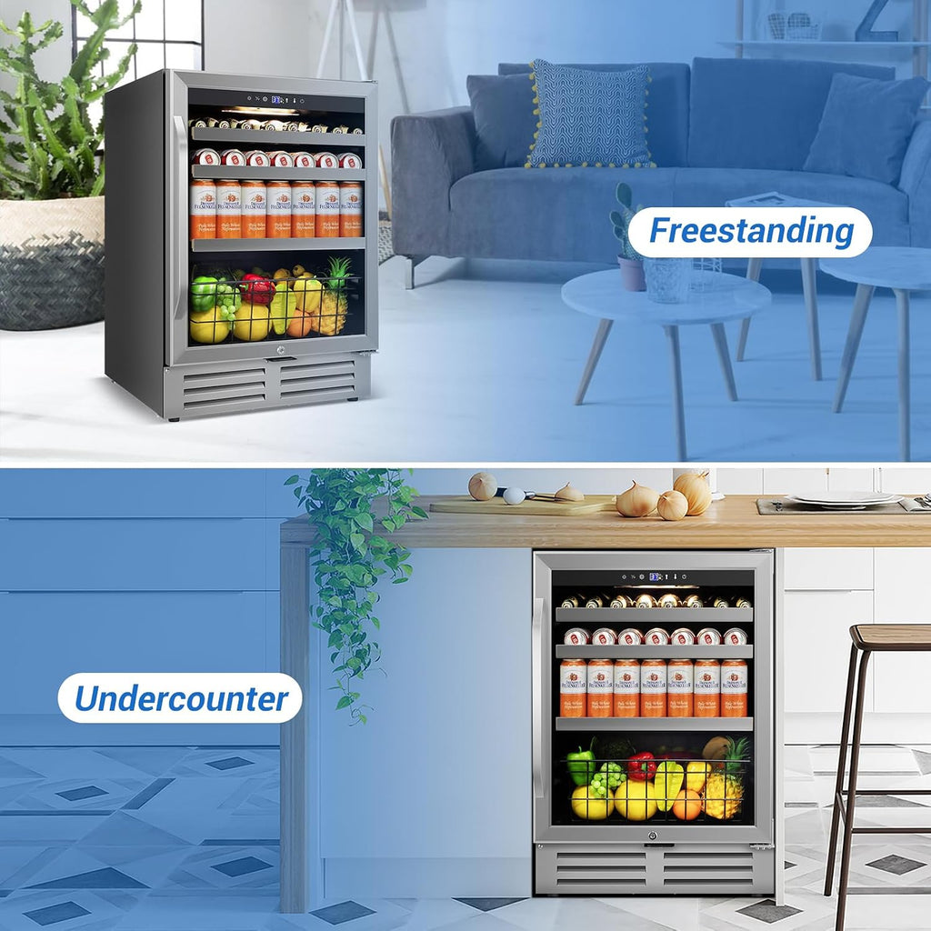Velivi 24' Beverage Refrigerator Undercounter | 180 Can Capacity | Built-In Undercounter Cooler | Glass Door for Soda, Water, Beer | Home, Bar, or Office Use