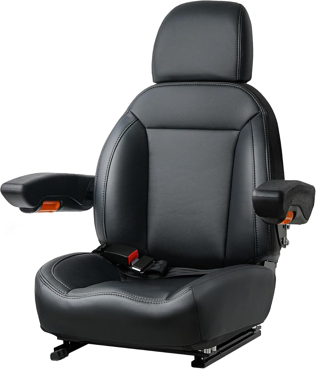 Universal Tractor Seat, Forklift Seat with Seatbelt and Adjustable Backrest Headrest Armrests for Boat Excavator Harvester Loader Backhoe Dozer Telehandler(Black)