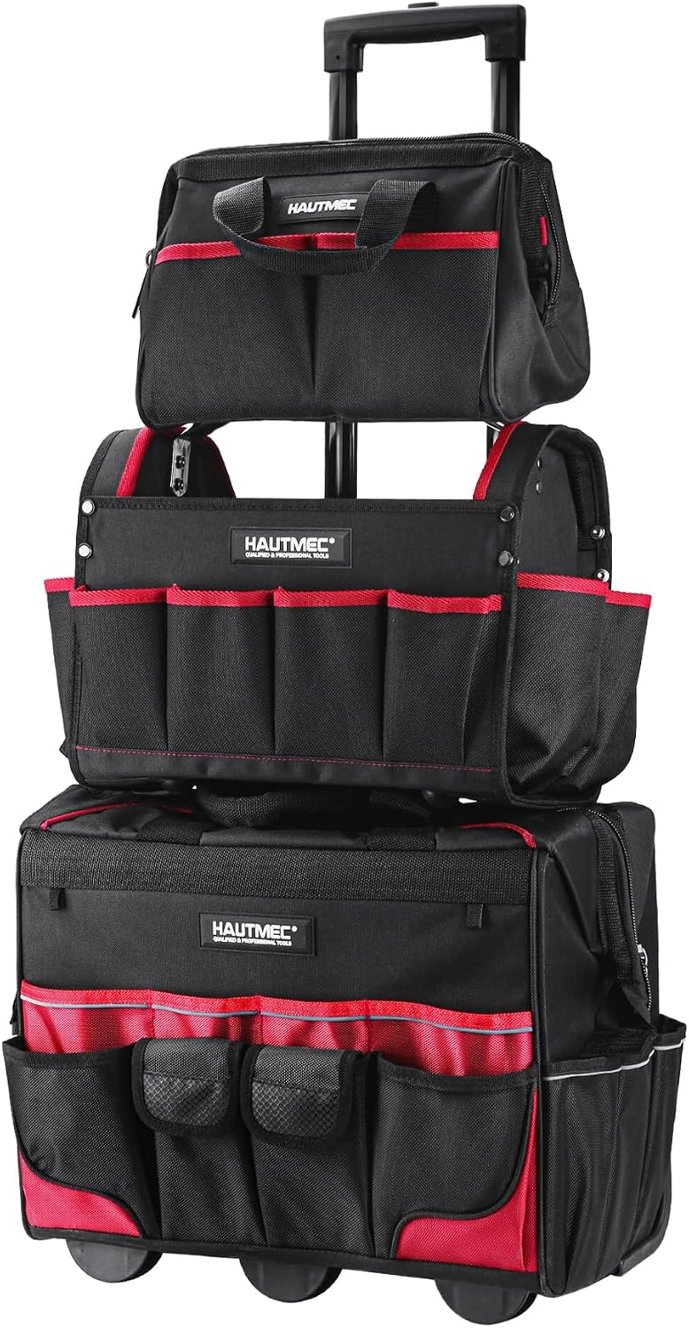 HAUTMEC 3-Piece Rolling Tool Bag Set, 18' Wheeled Tool Bag, 15' Open Top Tool Tote & 12' Wide Mouth Small Bag, Heavy-Duty 1680D Water-Resistant Tool Storage with Off-Road Wheel & Telescoping Handle