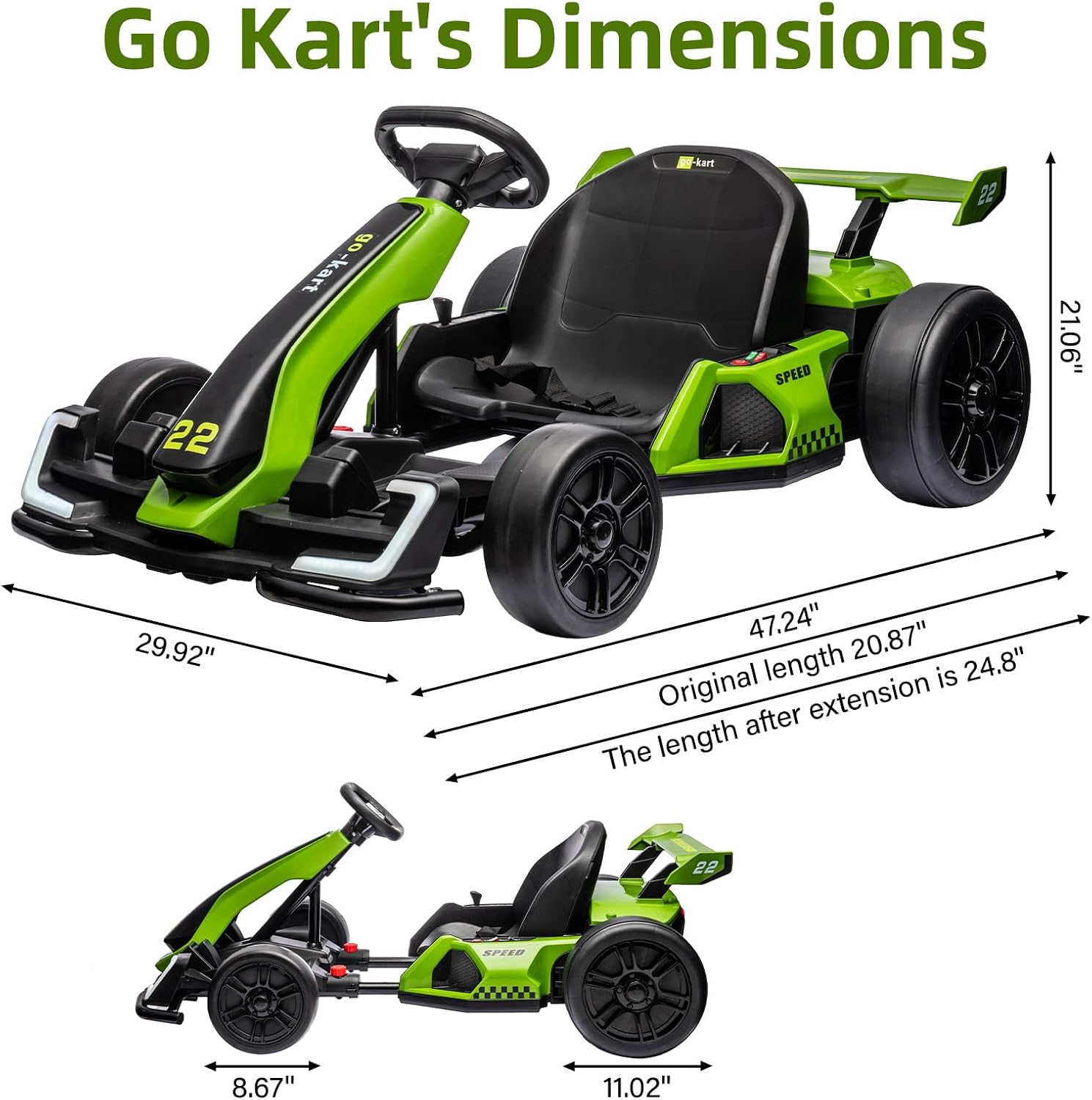 Nasitip 24V Electric Go Kart,300W Powerful Drift Kart for Kids, Electric Pedal Kart,with 300W Strong Motor, Drift/Sport Mode, Big Battery, Eva Tire,Length Adjustmen for Outdoor Racing Toy-Green