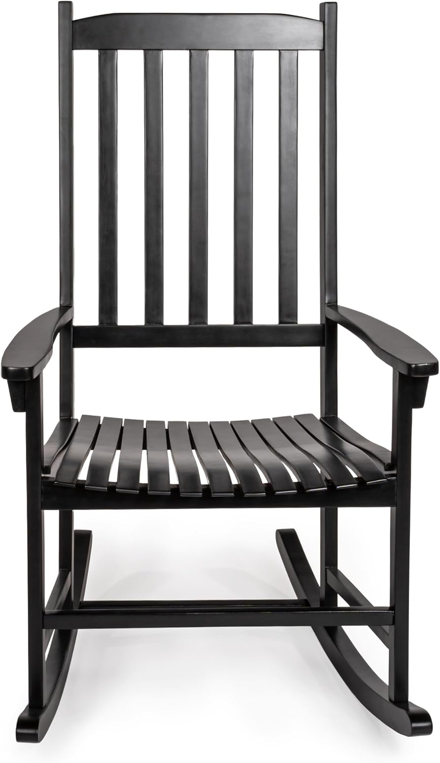 JONATHAN Y RCK300E Seagrove Farmhouse Classic Slat-Back 350-LBS Support Acacia Wood Outdoor Rocking Chair Traditional, Coastal, Cottage, Vintage, Shabby Chic, Black