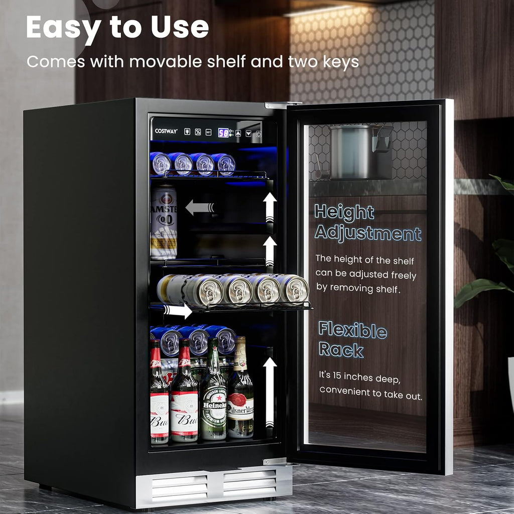 COSTWAY 15 Inch Beverage Cooler Refrigerator - 3.5 Cu.ft Mini Fridge with Glass Door, Lock and Removable Shelves for Soda Beer Wine, Freestanding Small Drink Refrigerator for Home Office Bar