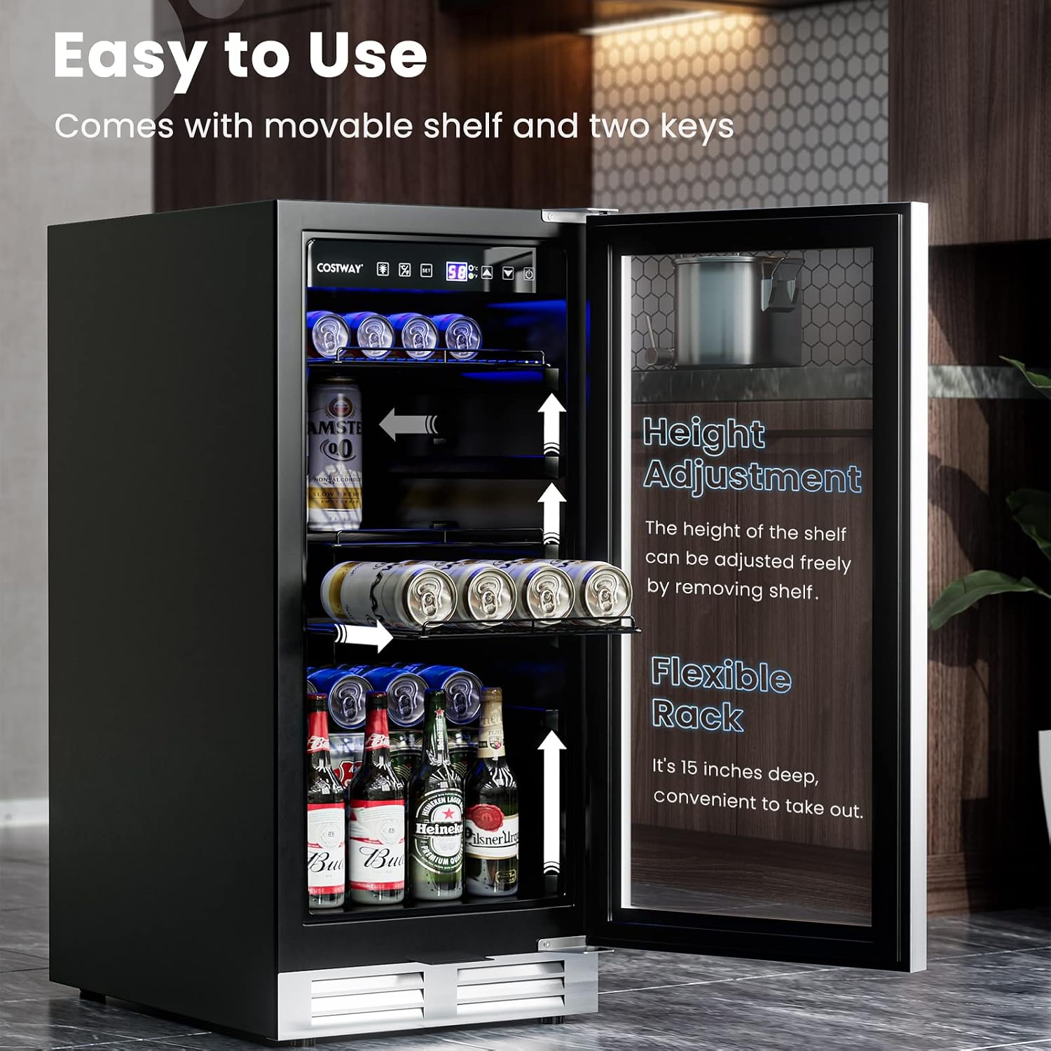 COSTWAY 15 Inch Beverage Cooler Refrigerator - 3.5 Cu.ft Mini Fridge with Glass Door, Lock and Removable Shelves for Soda Beer Wine, Freestanding Small Drink Refrigerator for Home Office Bar