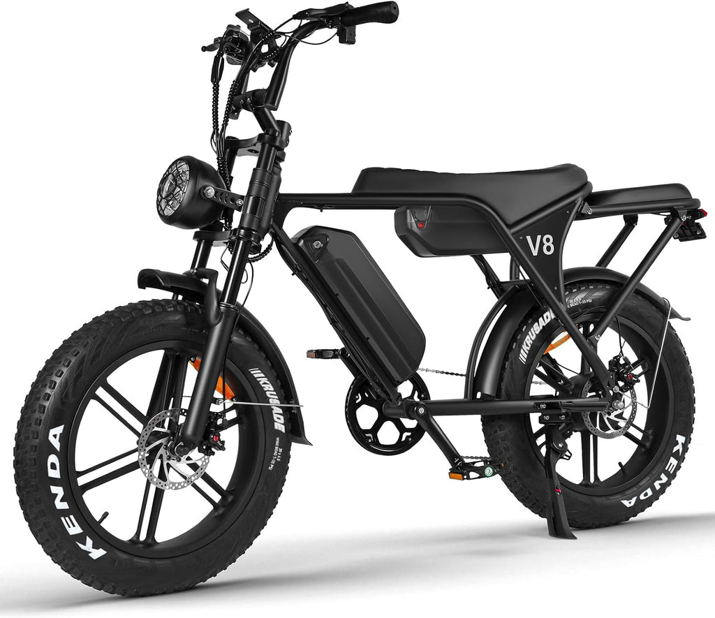 Hipatoo V8/V8 MAX Electric Bike for Adults, Long Seat Dirt Bike with 20' Fat Tire, E-Bike 2 Seater Max 31MPH, 15/30AH Battery, Moped Style Ebike for Snow, Mountains, Road, Dual Disc/Hydraulic Brakes