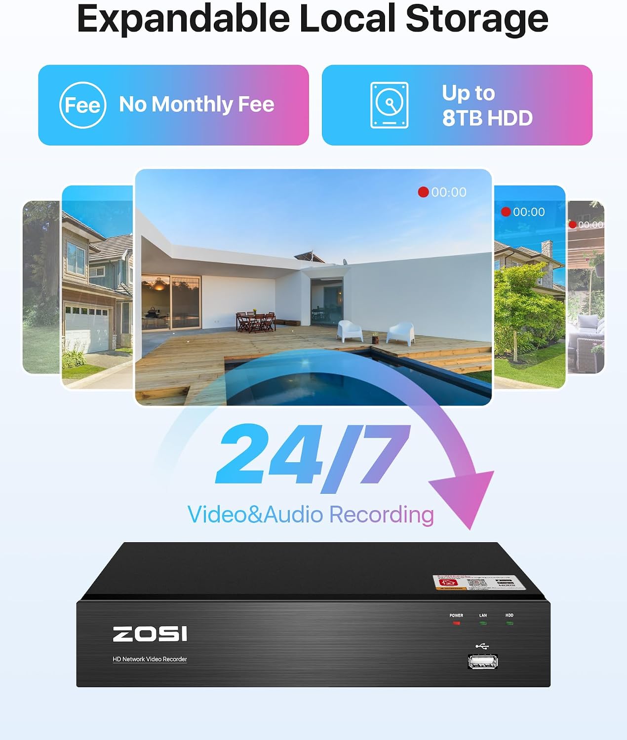 ZOSI 8CH 4K PoE Home Security Camera System, 8 Ports 16CH 8MP NVR with 2TB HDD, 4pcs 5MP Outdoor PoE IP Cameras, 100ft Night Vision, Person Vehicle Detection, Remote Access, for 24/7 Recording