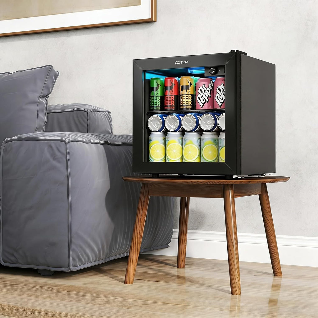 COSTWAY Beverage Refrigerator Cooler, 1.3 Cu. Ft. 12 Bottles 55 Cans Mini Fridge with Tempered Glass Door, Removable Shelf & Adjustable Temperatures, Compact Drink Cooler for Wine, Beer & Soda