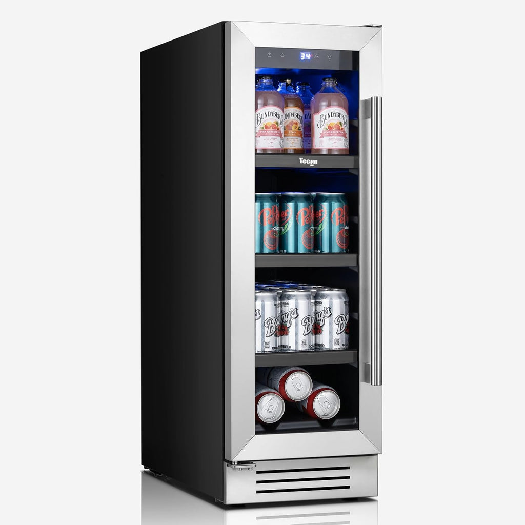 Yeego 12-Inch Beverage Refrigerator – 60 Can Mini Drink Fridge with Left-Hinged Glass Door, Built-In or Freestanding Beverage Cooler for Beer, Soda & Wine, Home Bar, Office, Bedroom