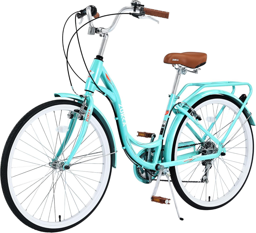 MEGHNA Beach Cruiser Bike Low Step - Through 24 inch/26 inch Bike Elegant Lady Bike V - Brake 7 Speed Cruiser Bike with Rear Rack Bell for Girls Women Senior, Multi-Colors