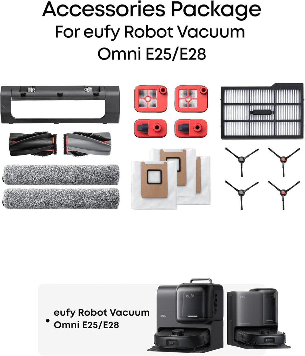eufy Robot Vacuum Omni E28, HydroJet System, Portable Deep Cleaner, Turbo Suction, DuoSpiral Detangle Brushes, CornerRover Arm + Official Replacement Parts Kit for E28