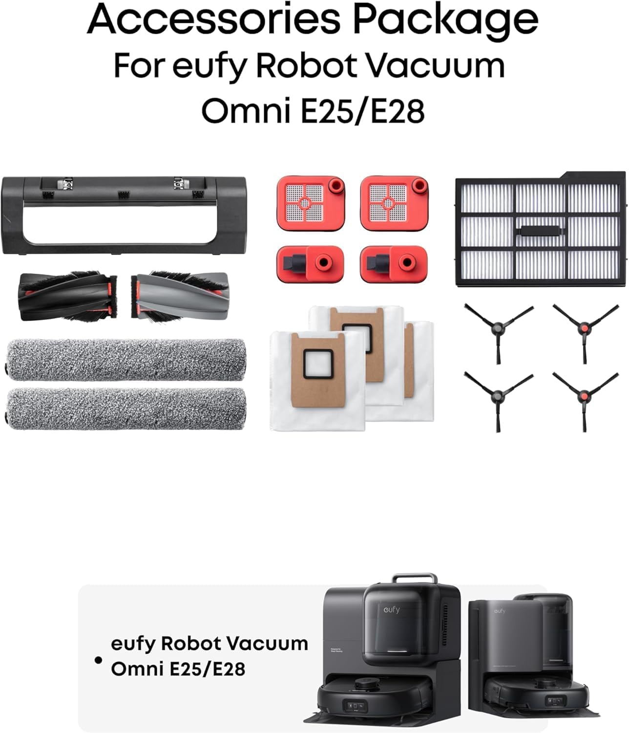 eufy Robot Vacuum Omni E28, HydroJet System, Portable Deep Cleaner, Turbo Suction, DuoSpiral Detangle Brushes, CornerRover Arm + Official Replacement Parts Kit for E28