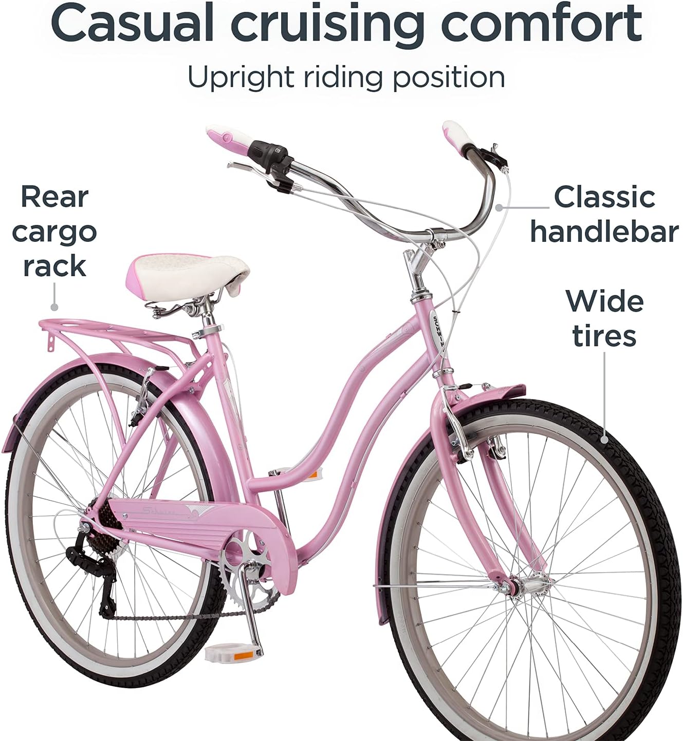 Schwinn Perla Cruiser Bike, 26 Inch Bike for Women and Men, 7-Speed Beach Cruiser Bicycle, Linear Pull Brakes, Comfortable Quilted Seat, Upright Riding Position, Adult Bicycle