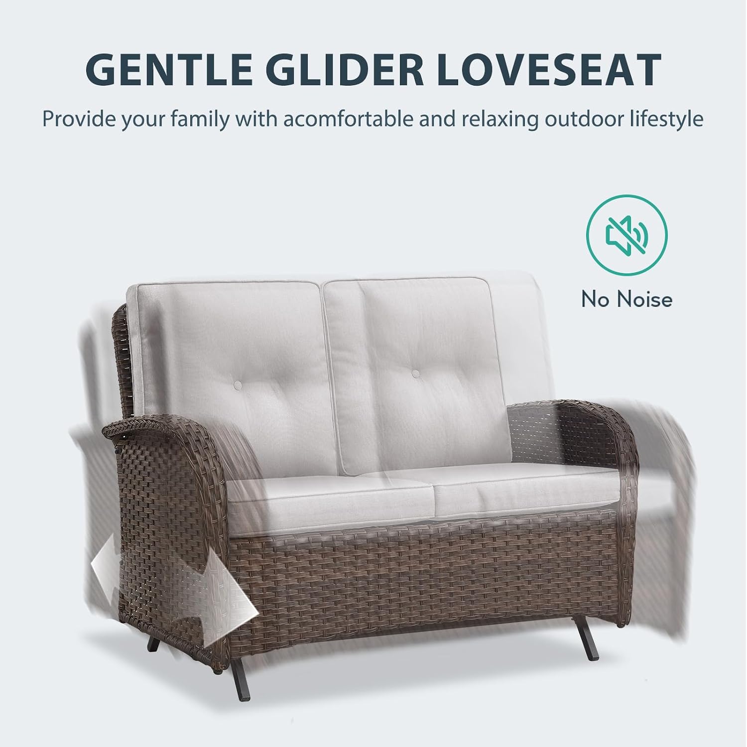 Patio Rocking Chair - 6 Peices Outdoor Wicker Rocker Porch Chair Set with A Rocking Loveseat, Tempered Glass Side Table, and 2 Ottoman, Rattan Seating for Balcony Garden Brown/Beige