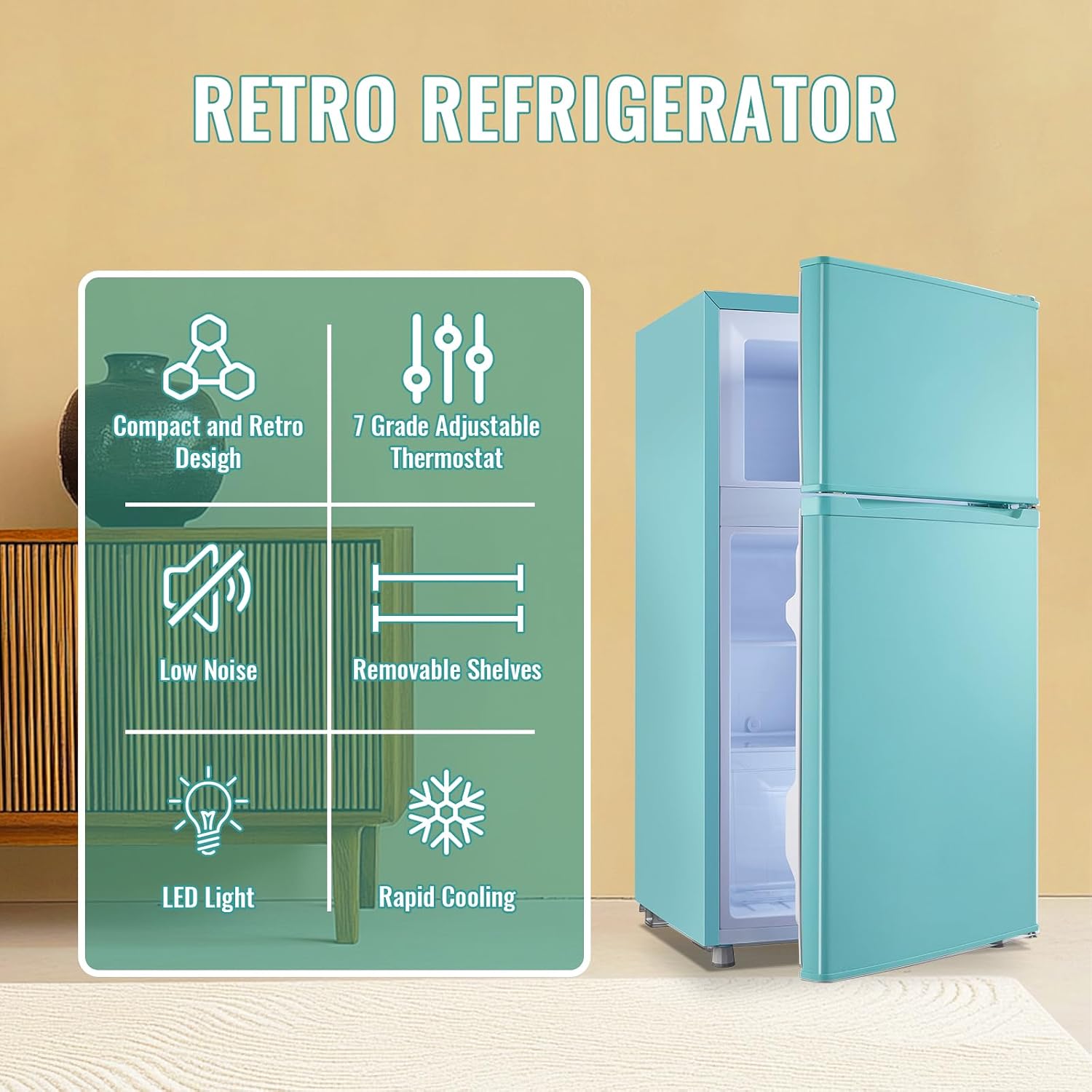 WANAI 3.5 Cu.Ft Mini Fridge with Freezer, Freestanding Refrigerator for Office, Dorm, Apartment, 7-Level Adjustable Thermostat, 2 Removable Shelves and Bakset, Small Fridge in Blue