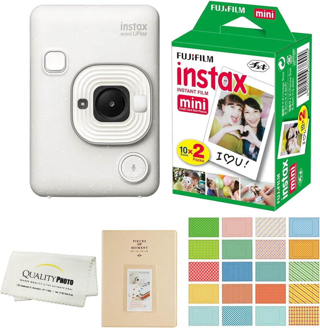 Fujifilm Instax Mini LiPlay Hybrid Instant Camera with 20 Instant Films and Photo Album. Plus Stickers. Bonus Quality Photo Microfiber Cloth (Misty White)