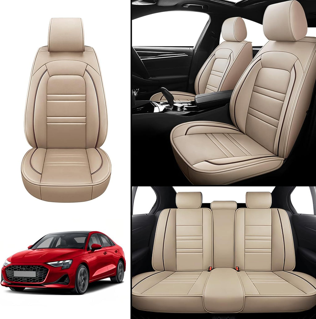 Seat Covers for Audi A3 2006-2025 | 5-Seats Leather Seat Covers, Easy to Install Automotive Seat Covers Full Set (Full Set, Beige)