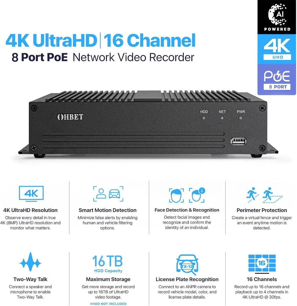 DahuaSecurity Advanced 16Ch 8 PoE Port Digital Video Recorder with 3TB HDD 4K HDMI Output and Smart Surveillance Features NVR for Home Security Camera System (NVR-16ch-8POE-3)