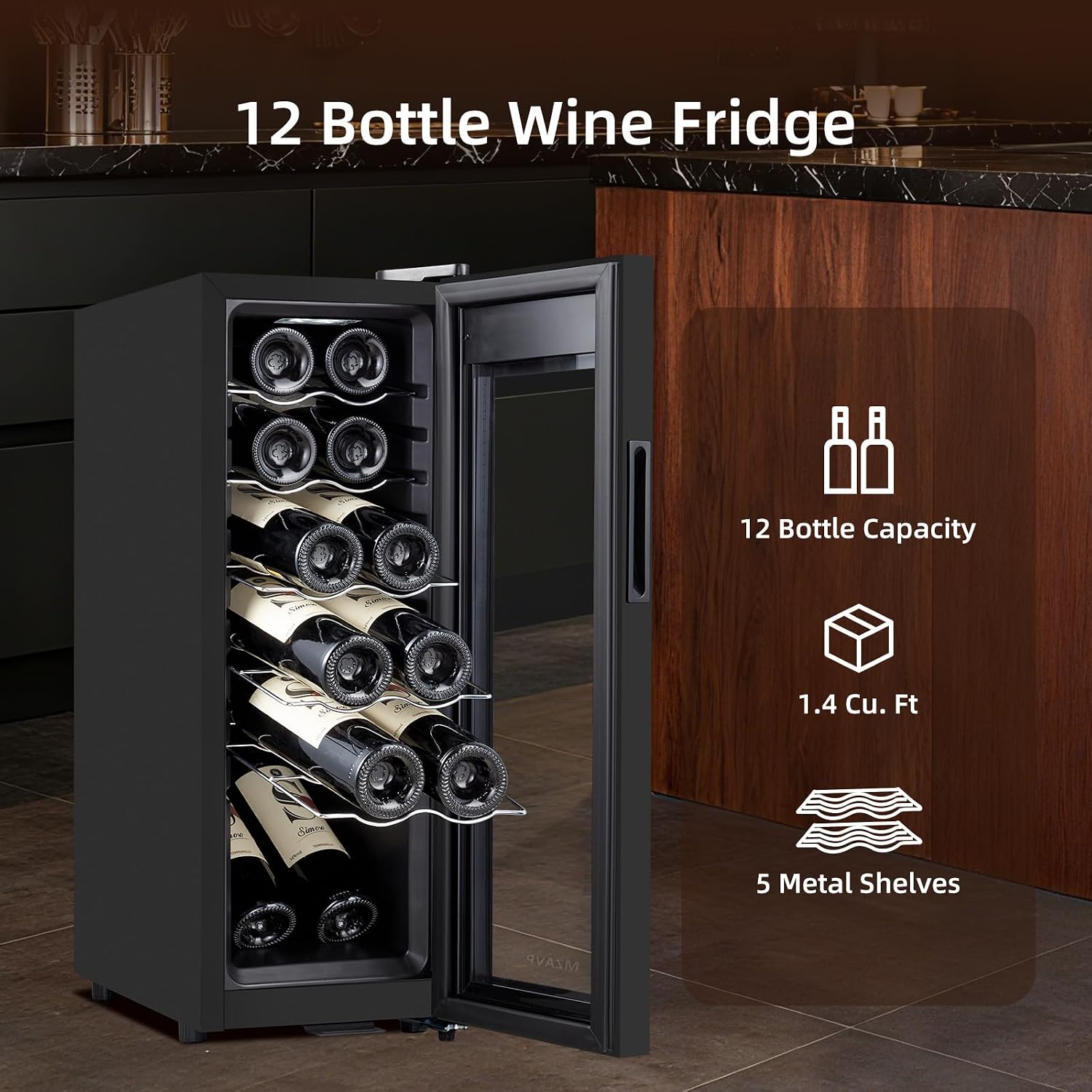 Mini Wine Fridge, 12 Bottle Compressor Wine Cooler Refrigerator, Freestanding Wine Cellar For Red&White Wine, Digital Temperature Control, Removable Shelves, Glass Door