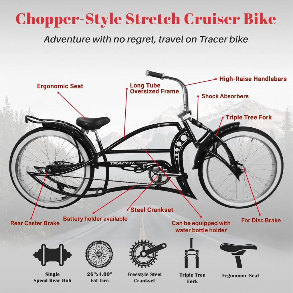 Tracer KRAKER PRO 26 Inch Stretch Chopper Bicycle for Adult,Single Speed Men Lowrider Bike with Oversized Hi-Ten Stretch Steel Frame,Front Wheel 26 * 3.5,Rear Wheel 26 * 4.0 Multiple Colors