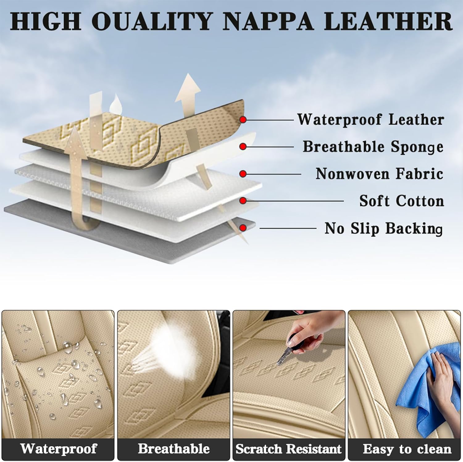 Leather Seat Covers for Jaguar XJ8 2000-2008,Car Seat Covers Front Set,Waterproof Car Seat Protectors with Airbag,Comfort Interior Cover Seats for Cars(Beige,Pillows)