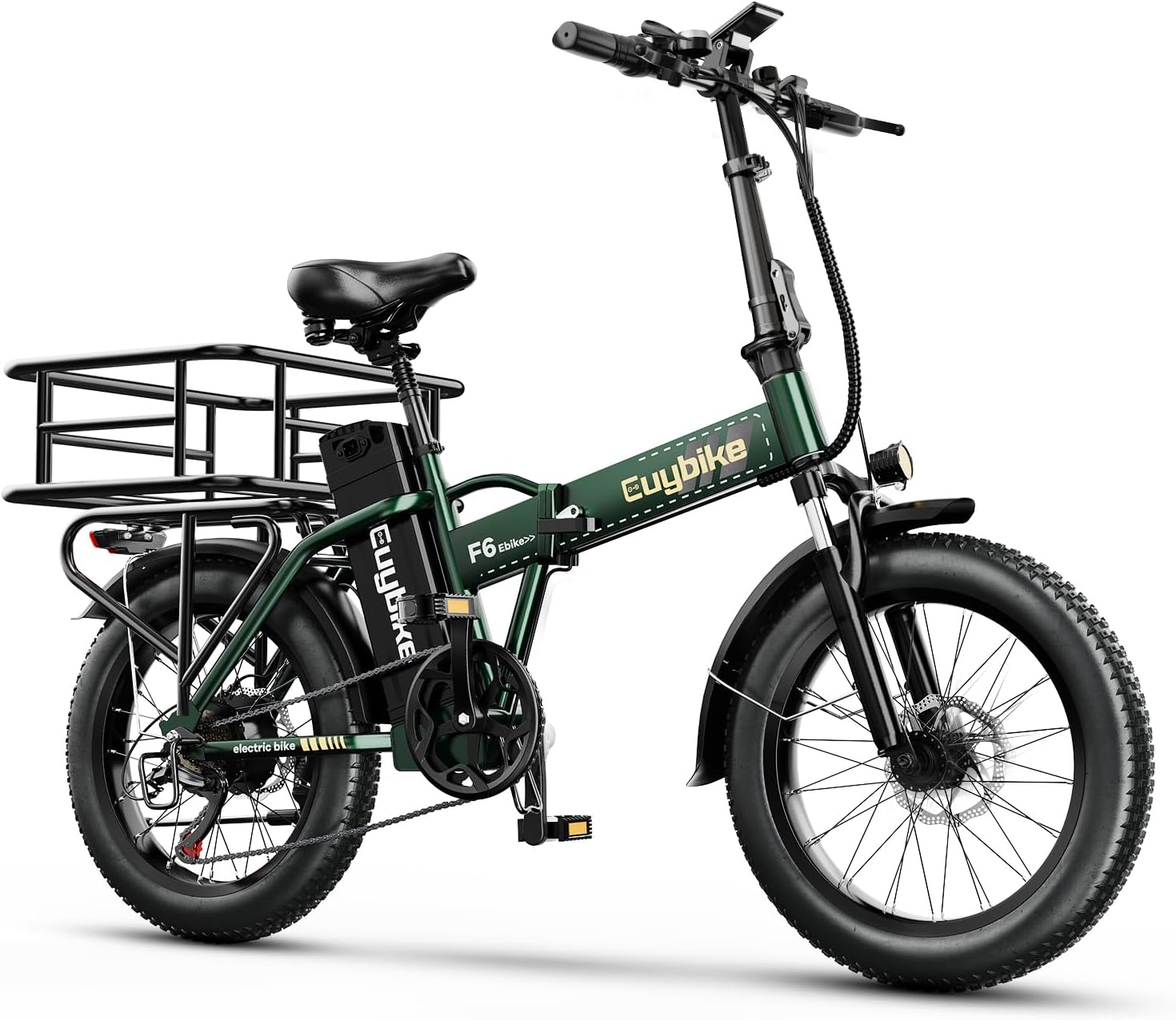 Foldable Electric Bike for Adults, 30+MPH, 48V 20Ah Removable Battery up to 80Miles, 20' Fat Tire 1000W Dirt Ebike Adult Electric Bicycle for Commute Mountain Square Tube E Bike Green with Rear Basket