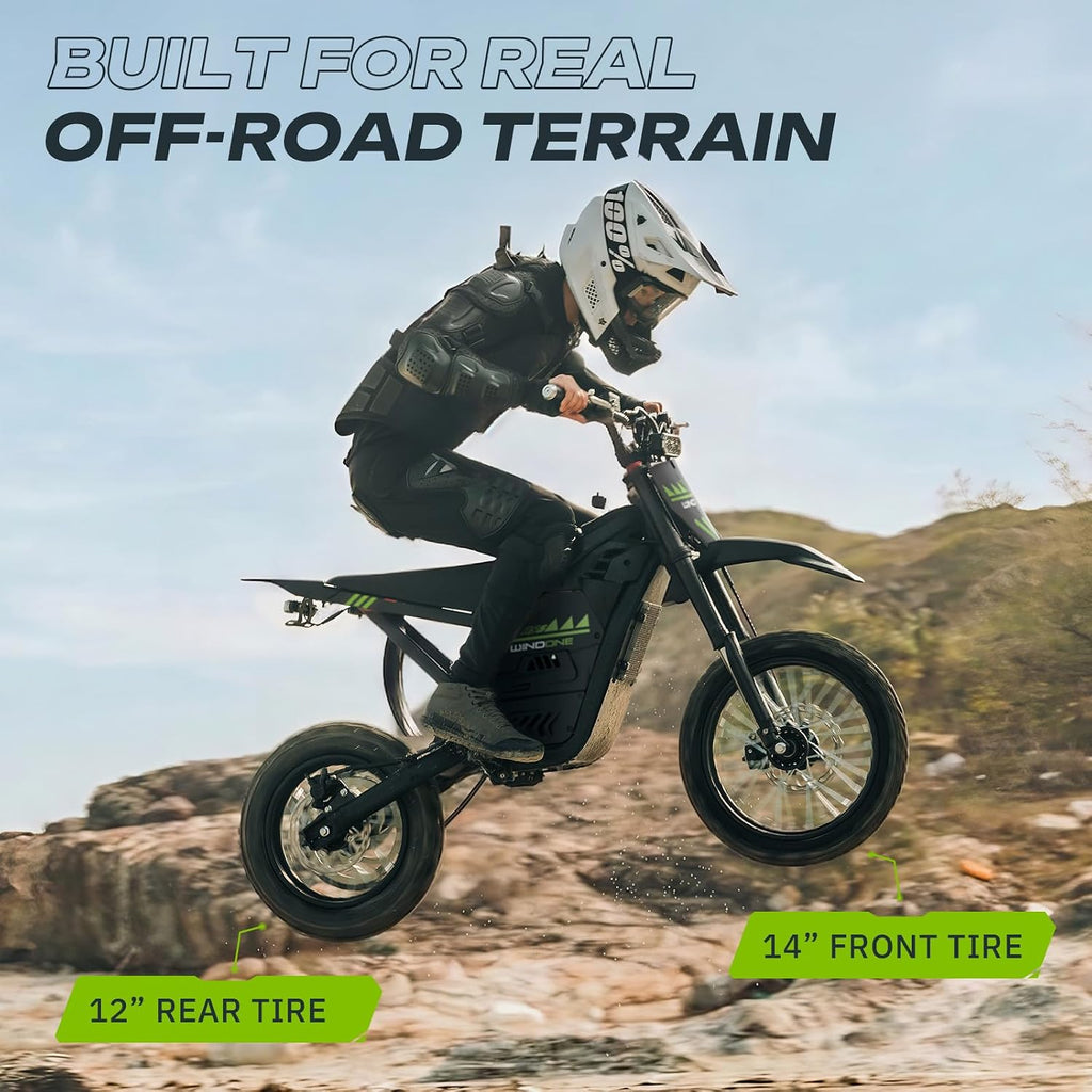 Windone RS5 Electric Dirt Bike for Teens & Adults (13+), Up to 37 MPH, 45 Miles Range, 2200W Peak Motor, 14'/12' Off-Road Tires, Hydraulic Suspension, 3-Speed Modes Electric Motorcycle