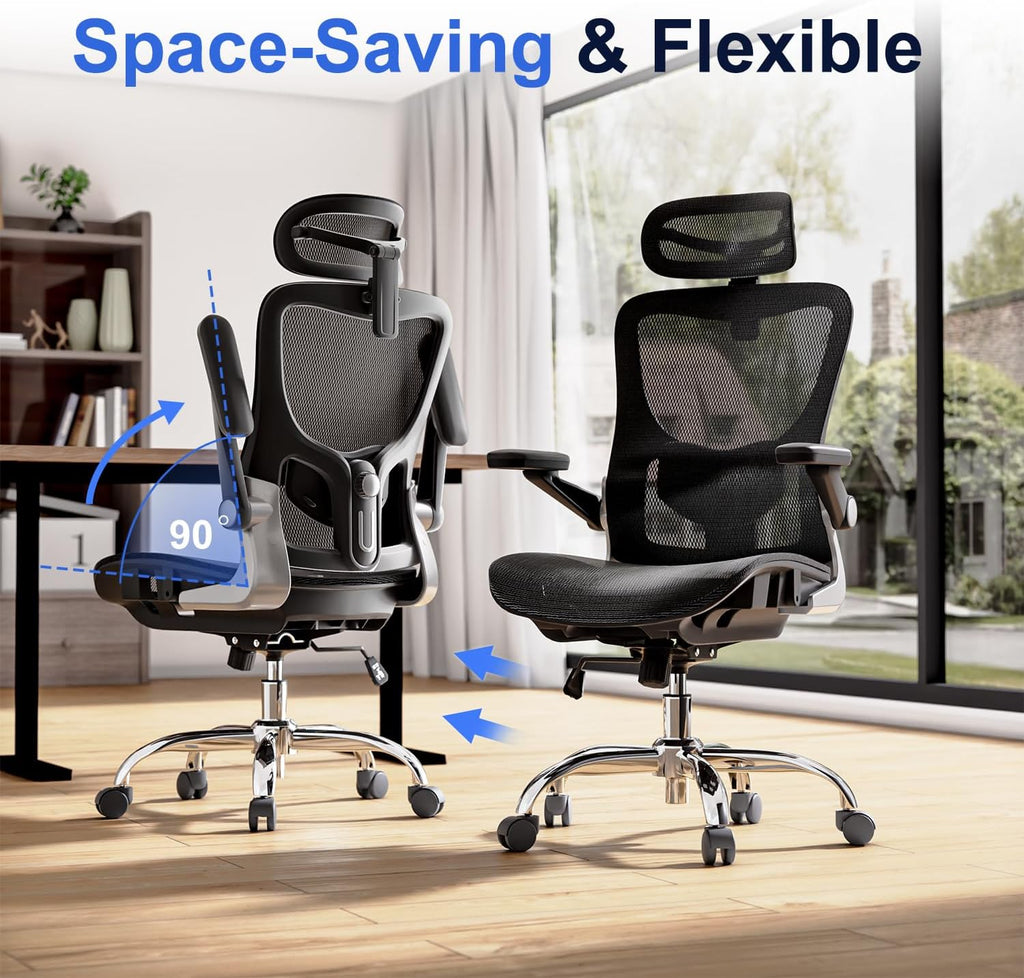 marrap Ergonomic Office Chair, Mesh Seat Cushion with 3D Armrests and 3D Headrest, Adjustable Lumbar Support with 90-120° Rocking Function for Home Office, Black