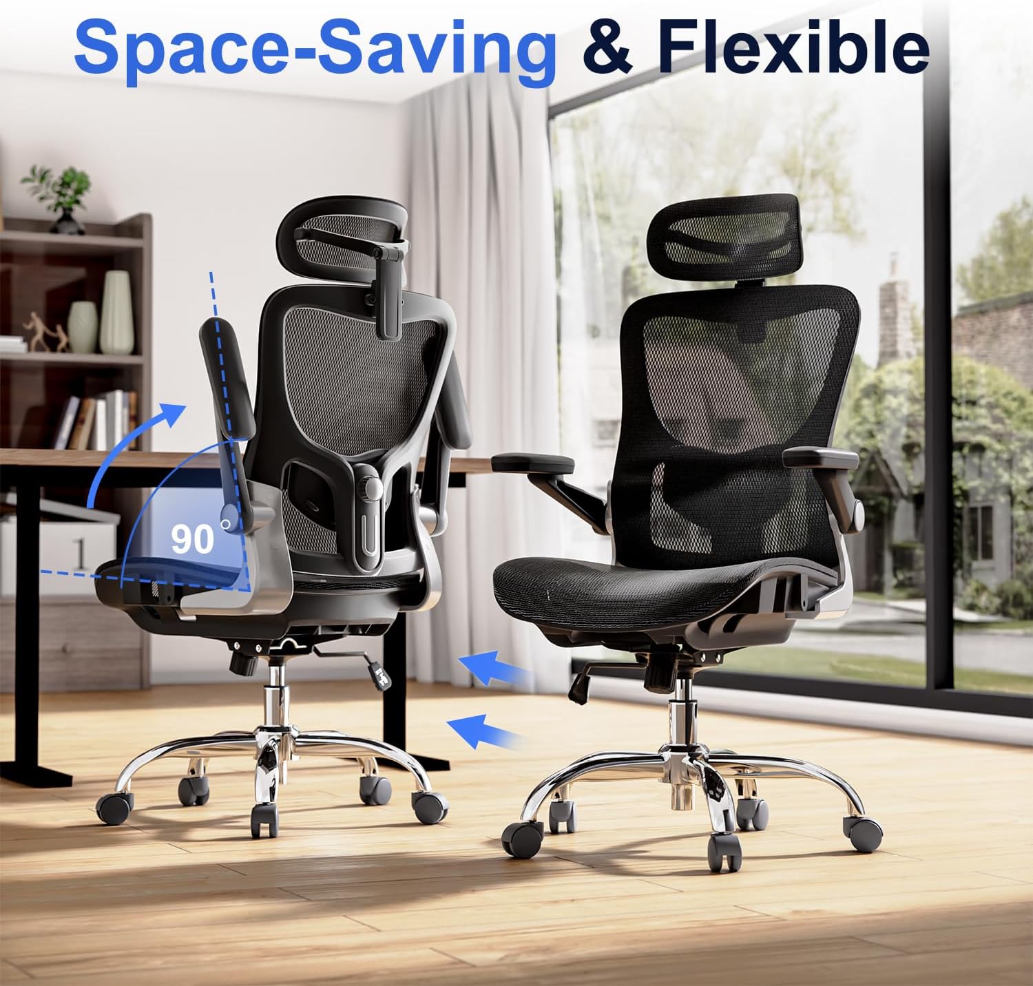 marrap Ergonomic Office Chair, Mesh Seat Cushion with 3D Armrests and 3D Headrest, Adjustable Lumbar Support with 90-120° Rocking Function for Home Office, Black