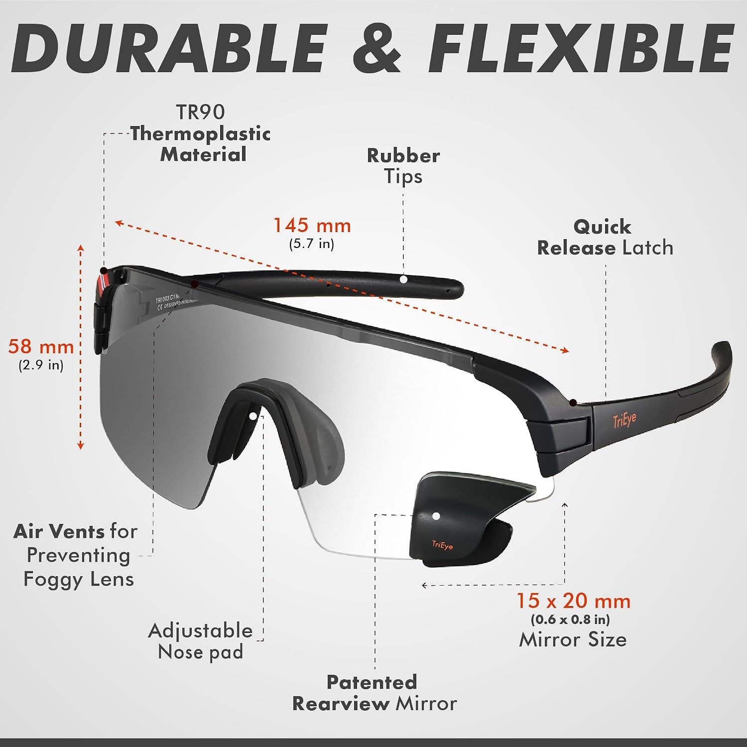 TriEye Cycling Glasses with Rear-view Mirror - Sports Sunglasses for Men & Women - UV-400 Protection