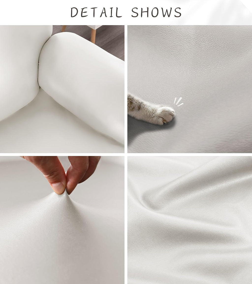 100% Waterproof PU Leather Sofa Slipcovers 8-Pieces Stretch Reclining Couch Covers for 2 Seat Anti-Slip Elastic Strap Furniture Protector for Kids, Pets (Cream, 3 Seater)