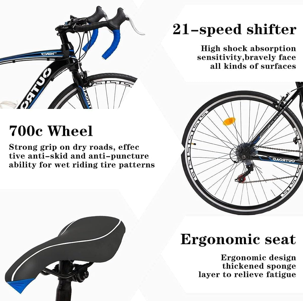 700C Wheel 21/14 Speed Road Bike with Light Weight Aluminum Alloy Frame, Commuter Bicycle with Dual Disc Brakes for Men and Women, Adult Faster Racing Bike, Red/Blue