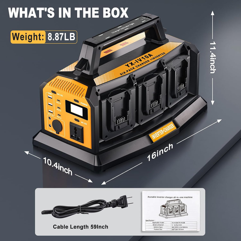 2-in-1 Portable Inverter Charger, 1200W Pure Sine Wave Inverter & 6A Rapid Charger for DeWalt 20V Battery, 6-Port DC to AC 120V Converter, 3 USB-A + 3 USB-C, 300lm LED Light for RV Camp Off-Grid