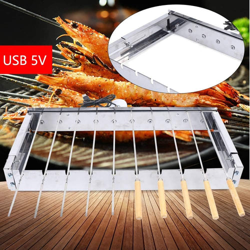10-Hole Auto Rotating BBQ Grill - Stainless Steel Rotisserie Kabob Skewers, Adjustable & Automatic for Outdoor Camping, Picnics, 5V USB Interface, Portable Silver Grill