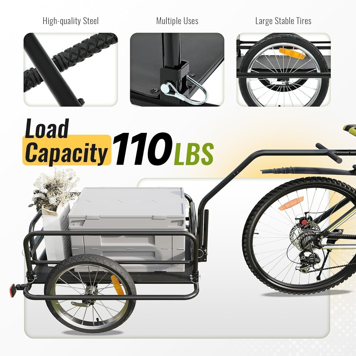 Kojem Foldable Bike Cargo Trailer, Heavy-Duty Storage Bicycle Trailer 110 lbs Capacity, 16IN Wheel Bike Wagon Cart, with Universal Hitch and Foldable Frame, Fit for Pet, Shopping, Park Picnics