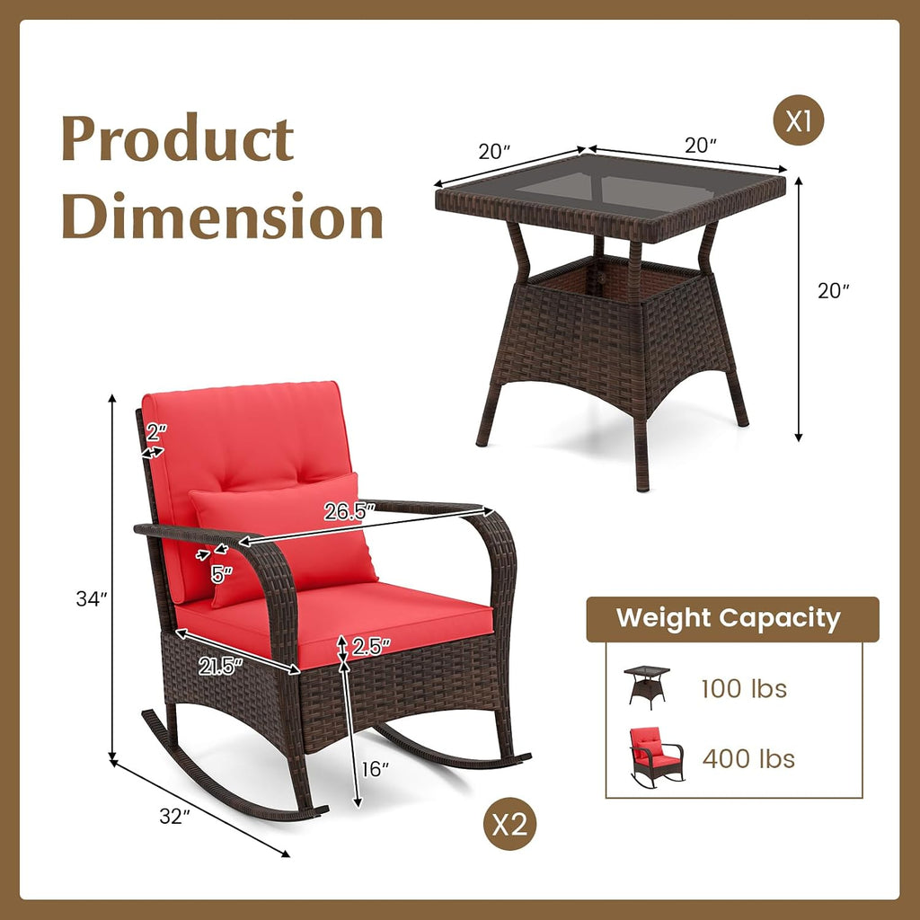 Tangkula 3 Pieces Rocking Bistro Set, Patiojoy Outdoor PE Rattan Rocker Chairs with Removable Cushions & Tempered Glass Top Coffee Table, Outdoor Wicker Furniture Set for Porch, Garden (Red)