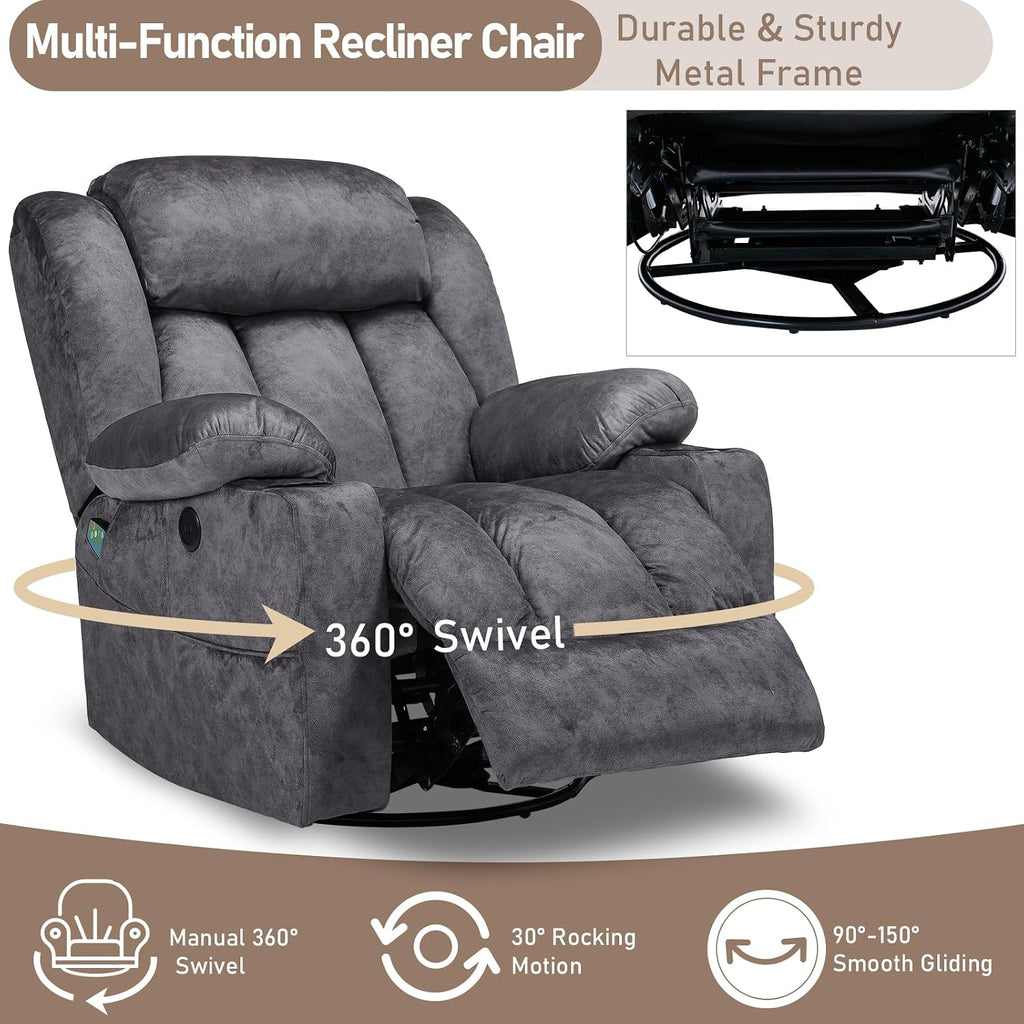 Swivel Rocker Recliner Chair with Heat and Massage, Manual Glider Rocking Reclining Chair, 360° Swivel Overstuffed Lounge Chair with 2 Cup Holders, Side Pockets & USB Ports, Fabric Grey