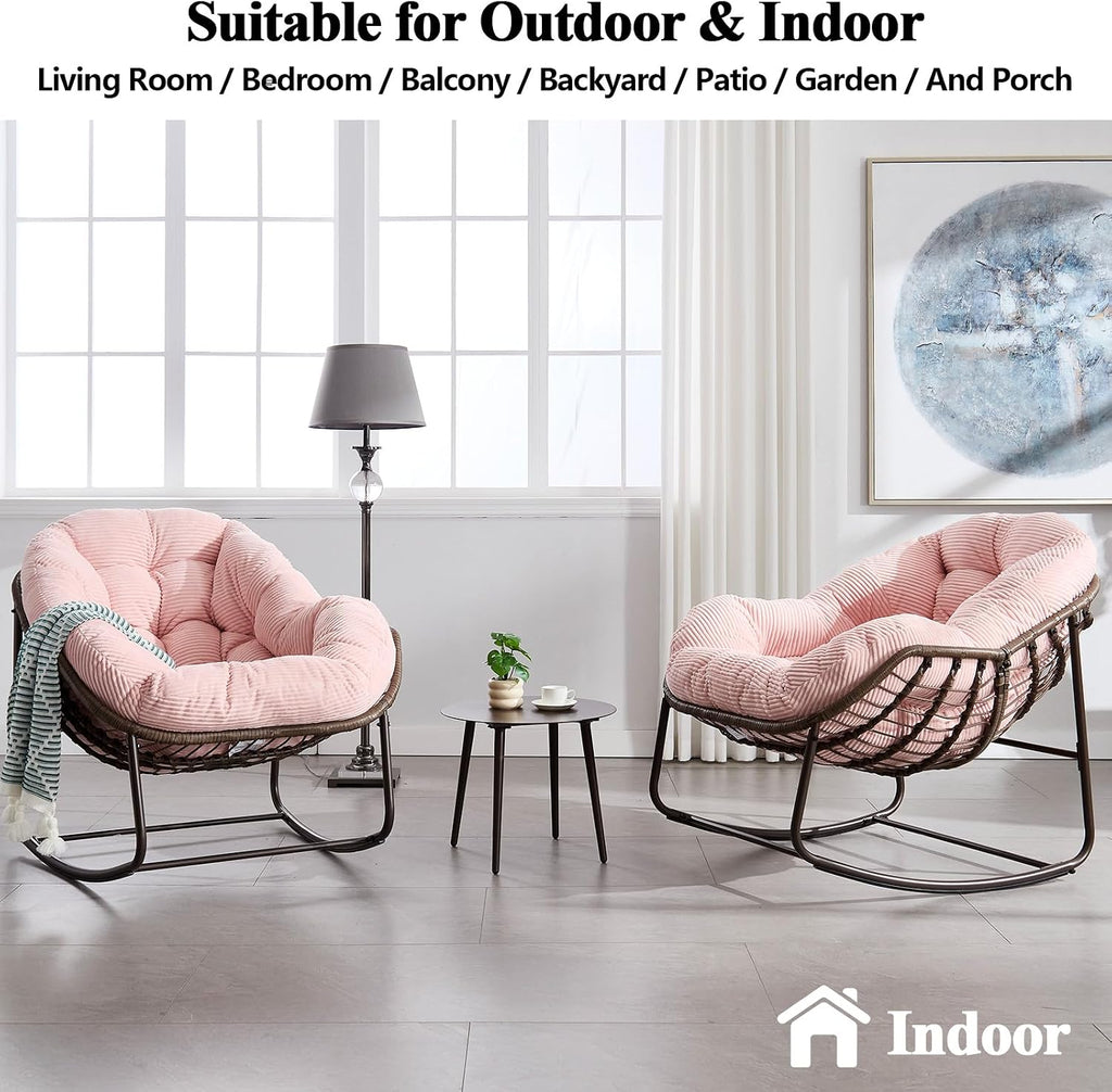 HRVEOCEI Papasan Rocking Chair with Cushion and Frame, Oversized Rocking Chair Indoor/Outdoor, Circle Chairs for Patio Garden Front Porch, Corduroy/Velvet (Pink)