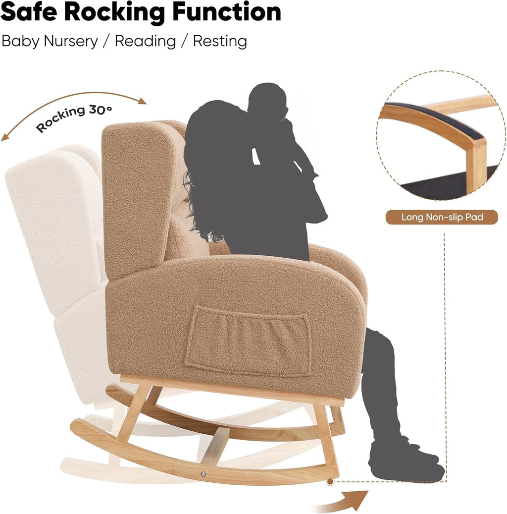Rocking Chair Nursery,Teddy Nursery Rocking Chairs, Wingback Rocker for Nursery for Living Room Bedroom(Teddy Khaki)