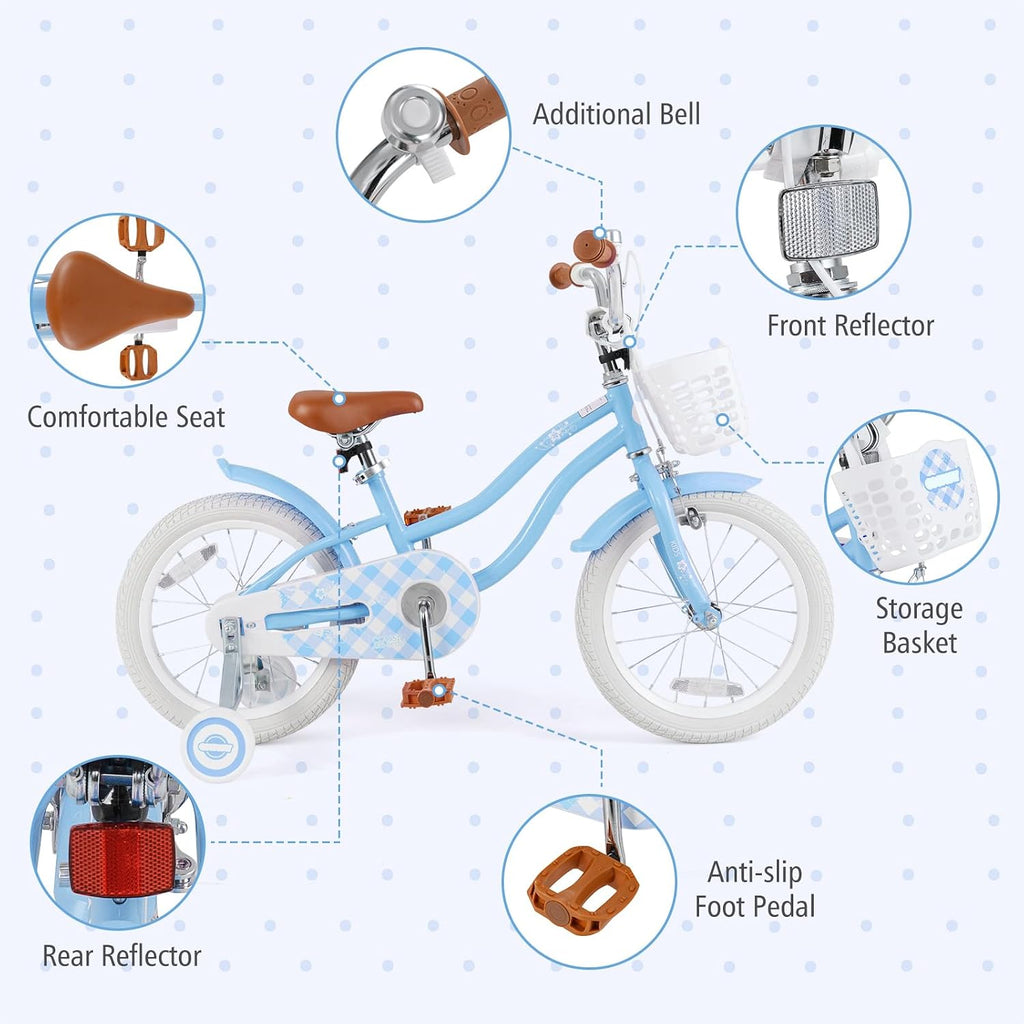 BABY JOY Kids Bike, 12 14 16 18 20 Inch Boys Girls Bike w/Adjustable Seat, Removable Basket, Handbrake & Coaster Brake, Training Wheels or Kickstand, Kids Bicycle with Multi-Color