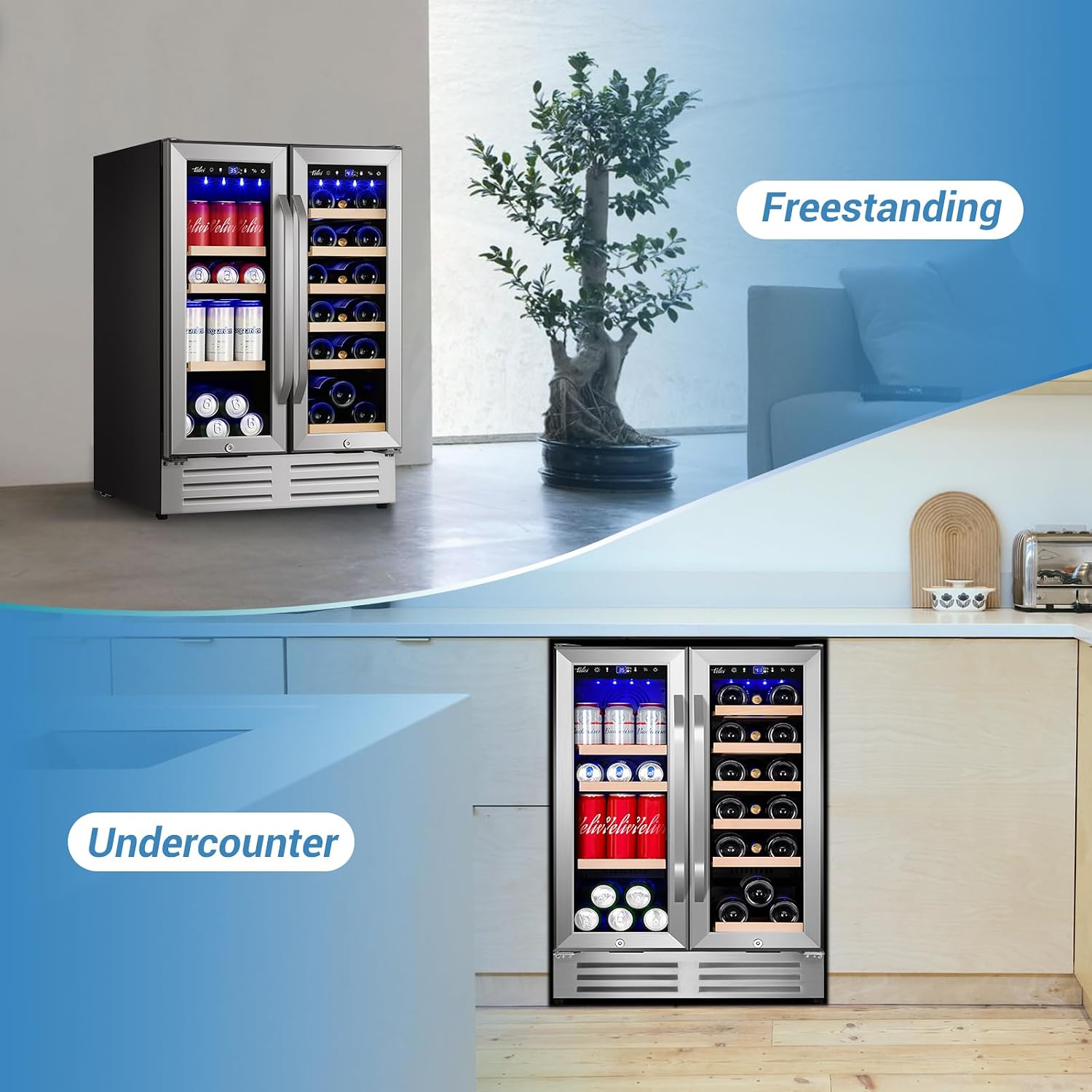 Velivi 24 Inch Beverage Refrigerator Undercounter, Dual Zone Wine and Beverage Cooler, Large Capacity for Beer Wine Drink with Built-In Warm Light, Ideal for Home Kitchen Bar Office