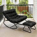 Oversized Papasan Rocker, Comfy Patio Rocking Chair, Outdoor Rocker Chair, Indoor Rocking Egg Chair with Cushion & Ottoman for Bedroom, Living Room, Front Porch (Black)